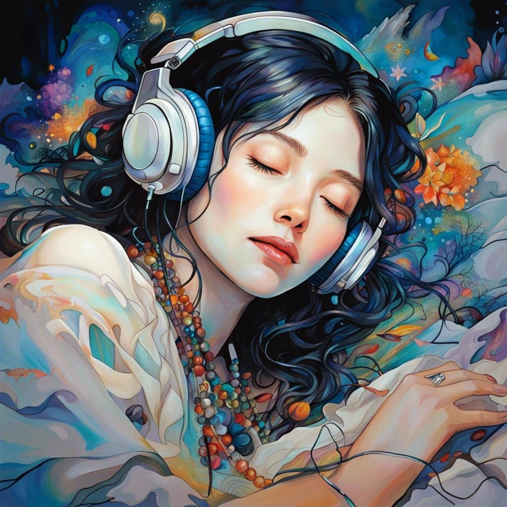 Ethereal Woman Listening to Music in Ghibli Style
