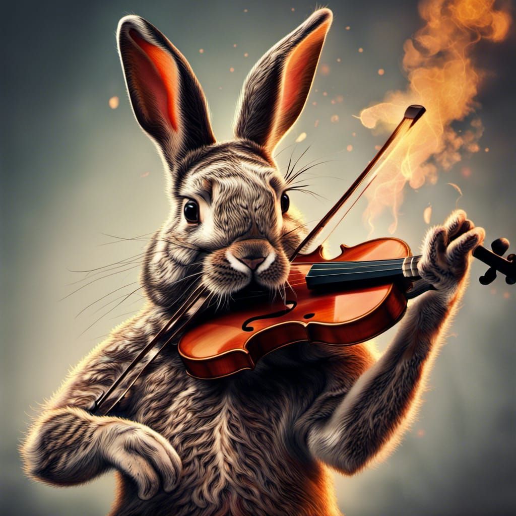 Fiery Rabbit Plays Violin in Hyperrealistic Style