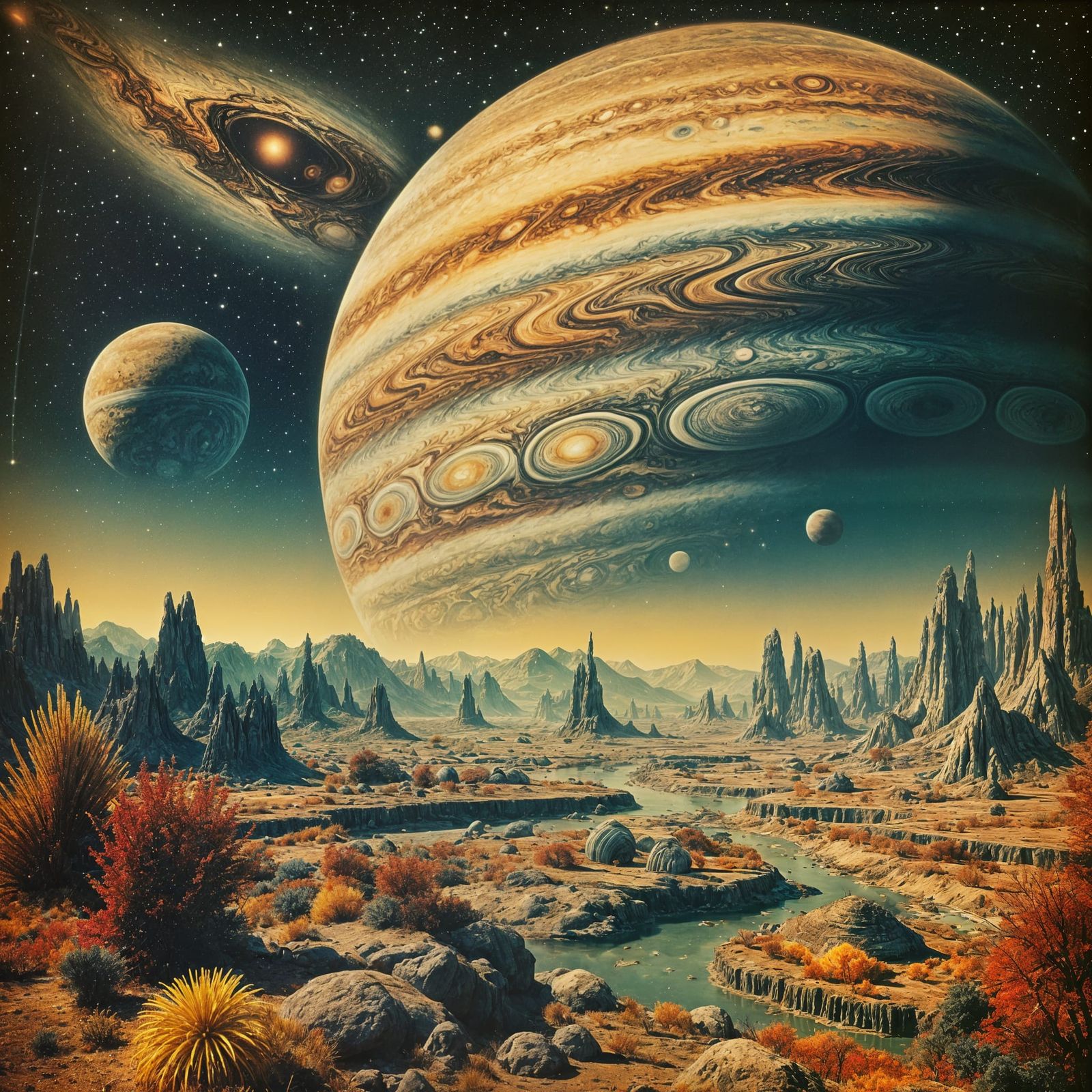Retro Sci-Fi Alien Landscape with Jupiter