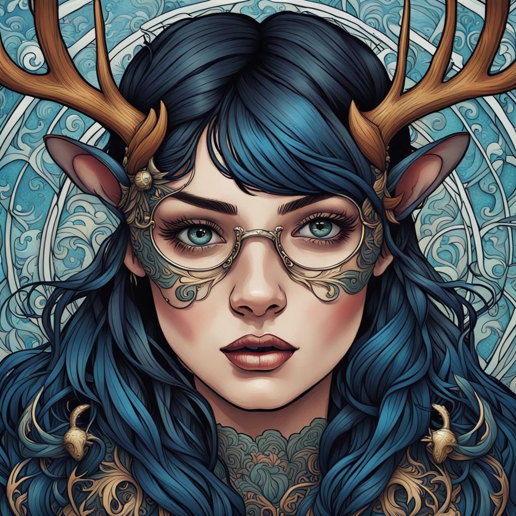 Girl with Spider Eyes and Antlers in Art Nouveau Style