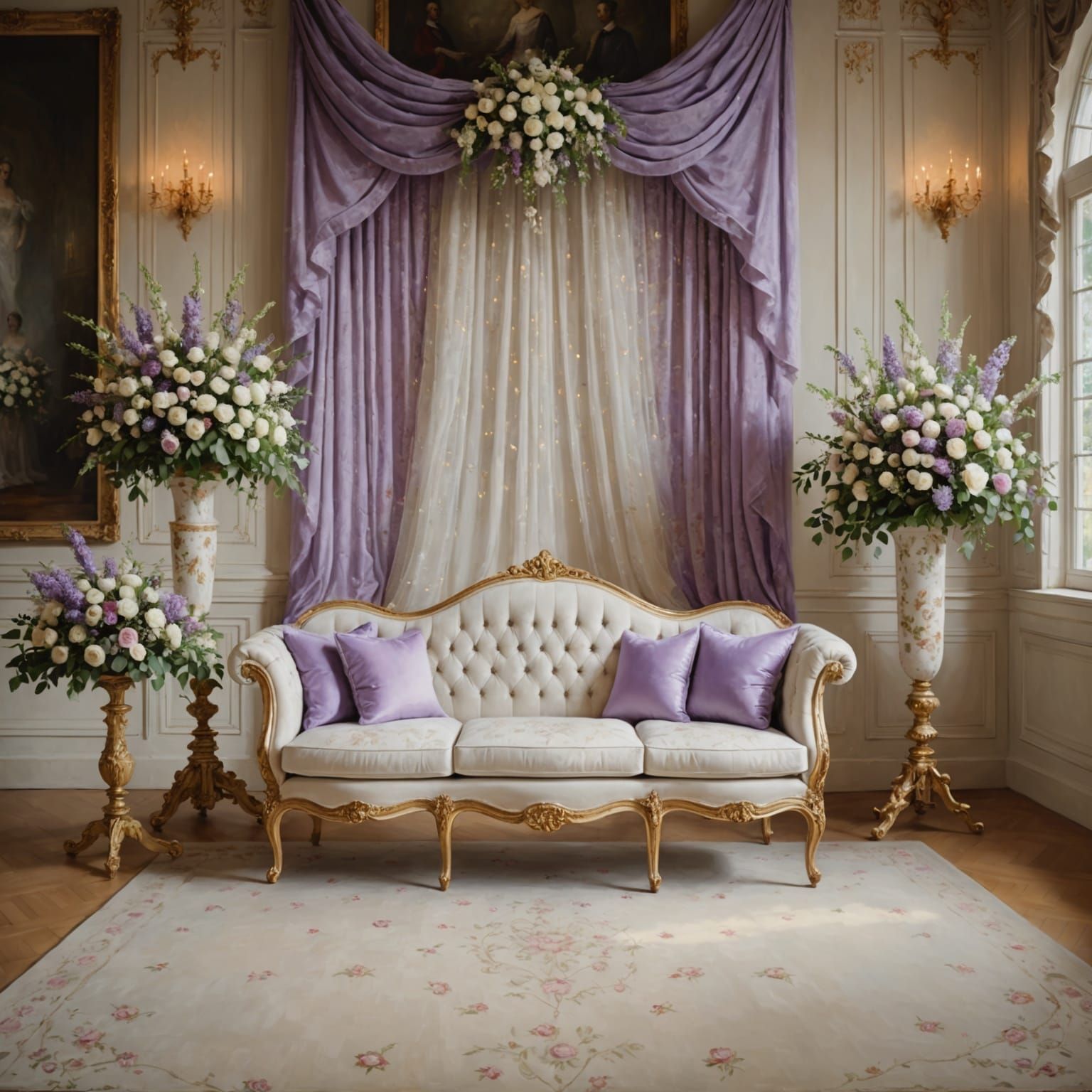 Cream-Colored Wedding Hall with Lilac-Adorned Walls and Show...