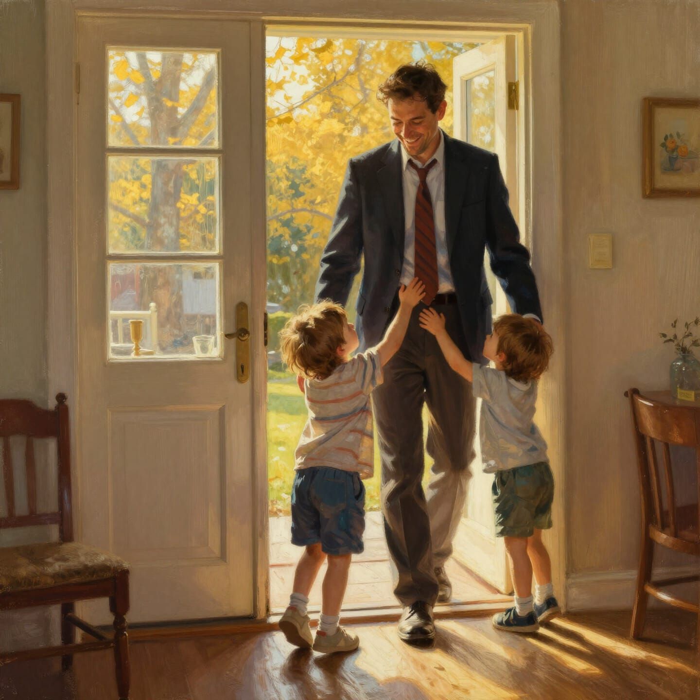 Joyful Reunion: Father Greeted by Children at Home