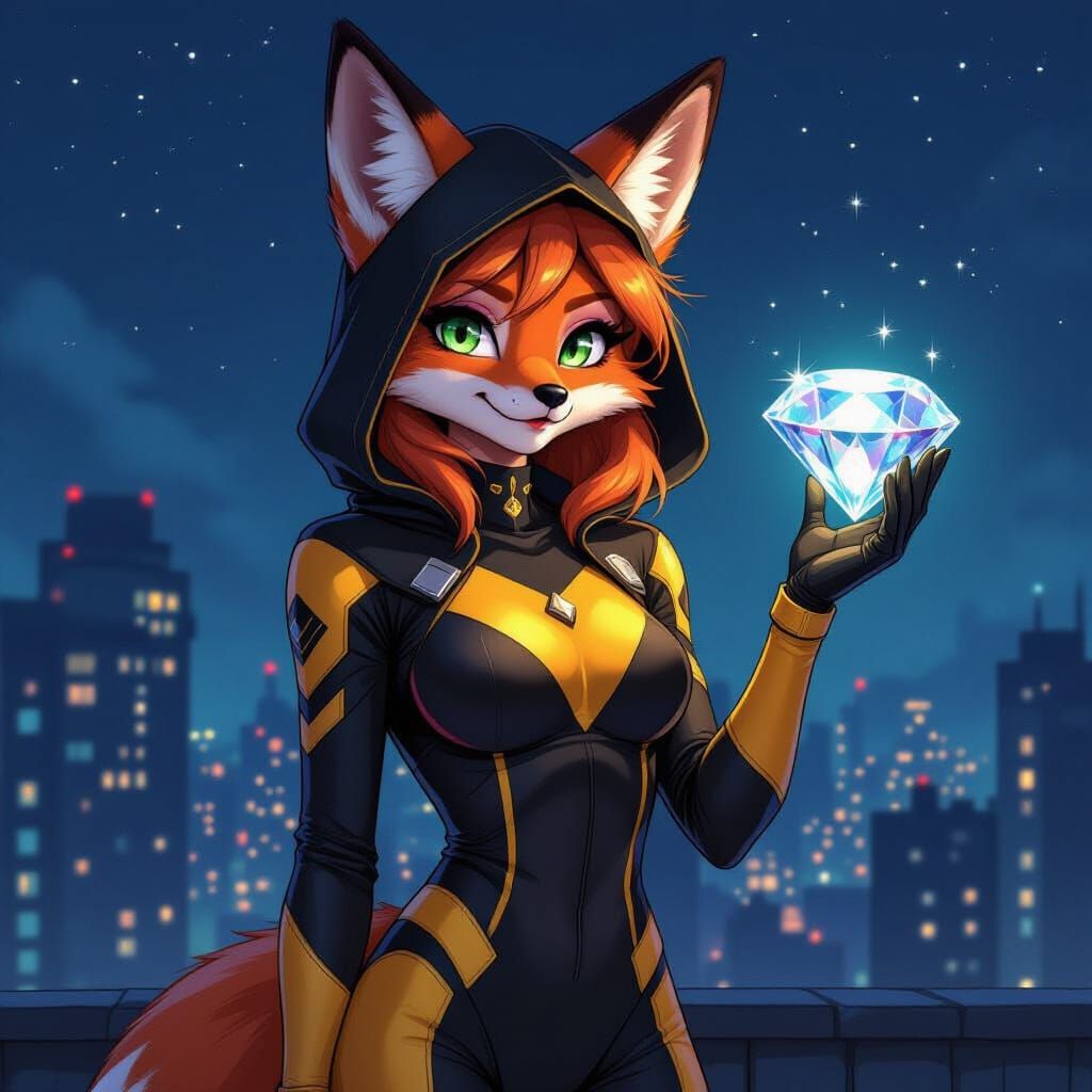 Fox Woman with Diamond on Rooftop, Digital Art