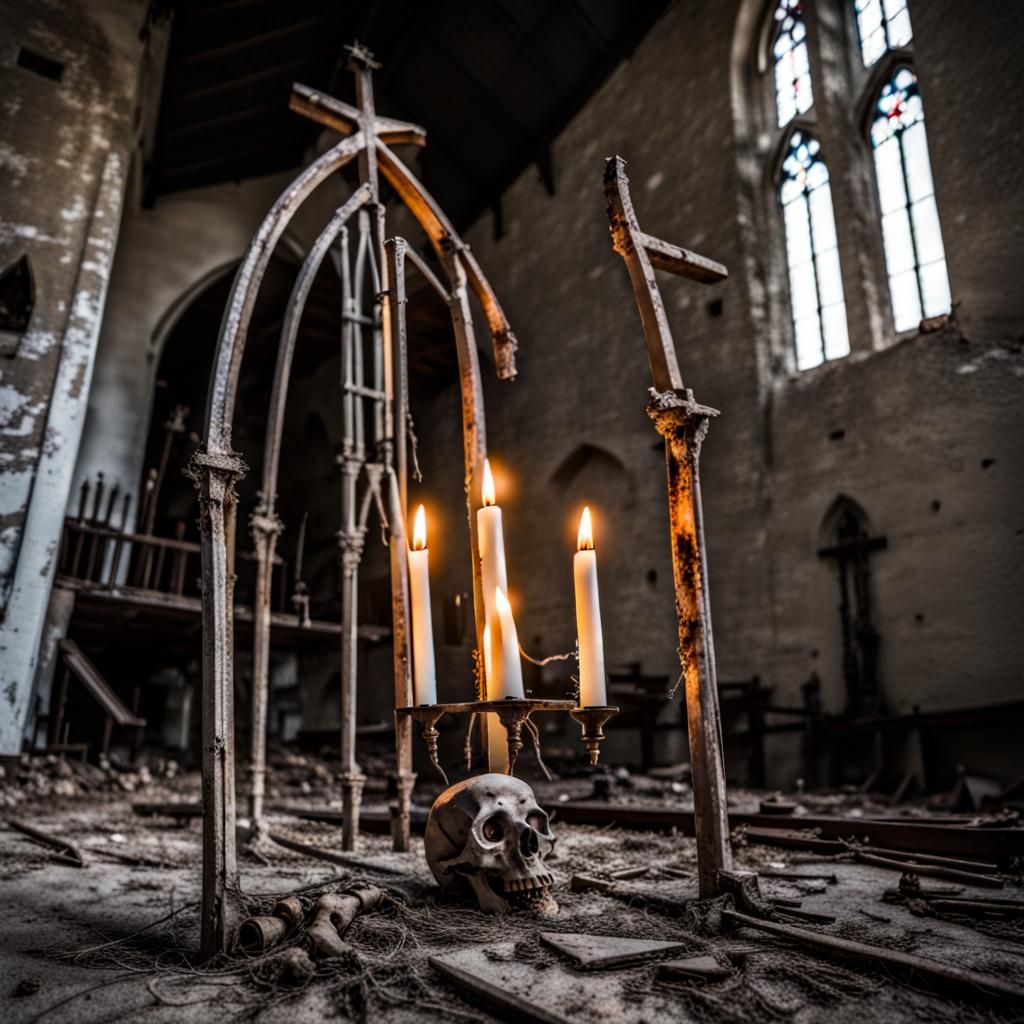 Eerie Candle in Abandoned Church Skeleton