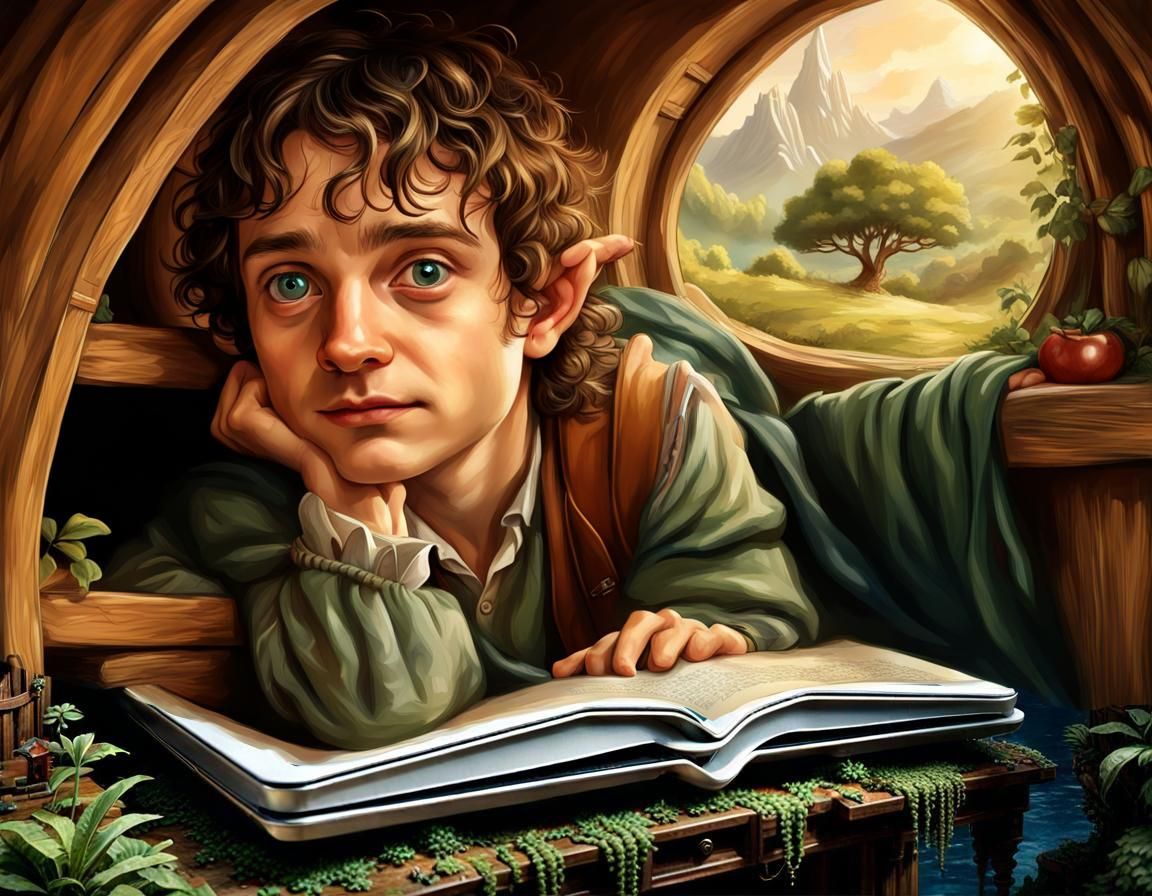 Frodo Hobbit Emerges from Book: Hyperrealistic Fable