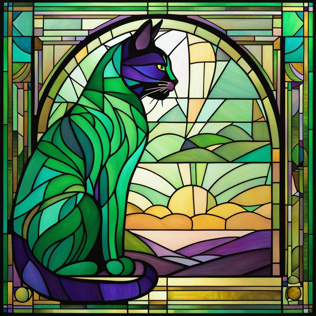 Cat in Stained Glass Window Sunset: Geometric Art