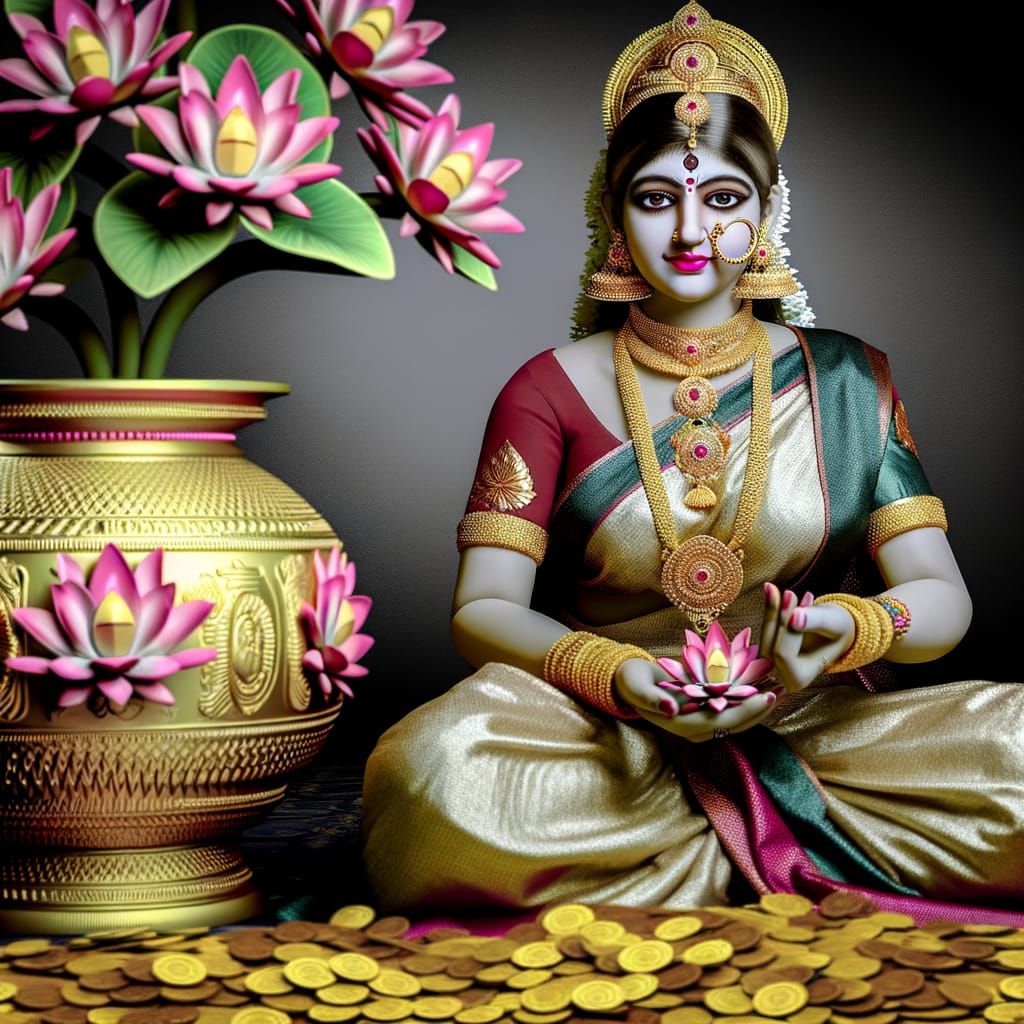 Hyper-Realistic Goddess Lakshmi in Traditional Indian Attire