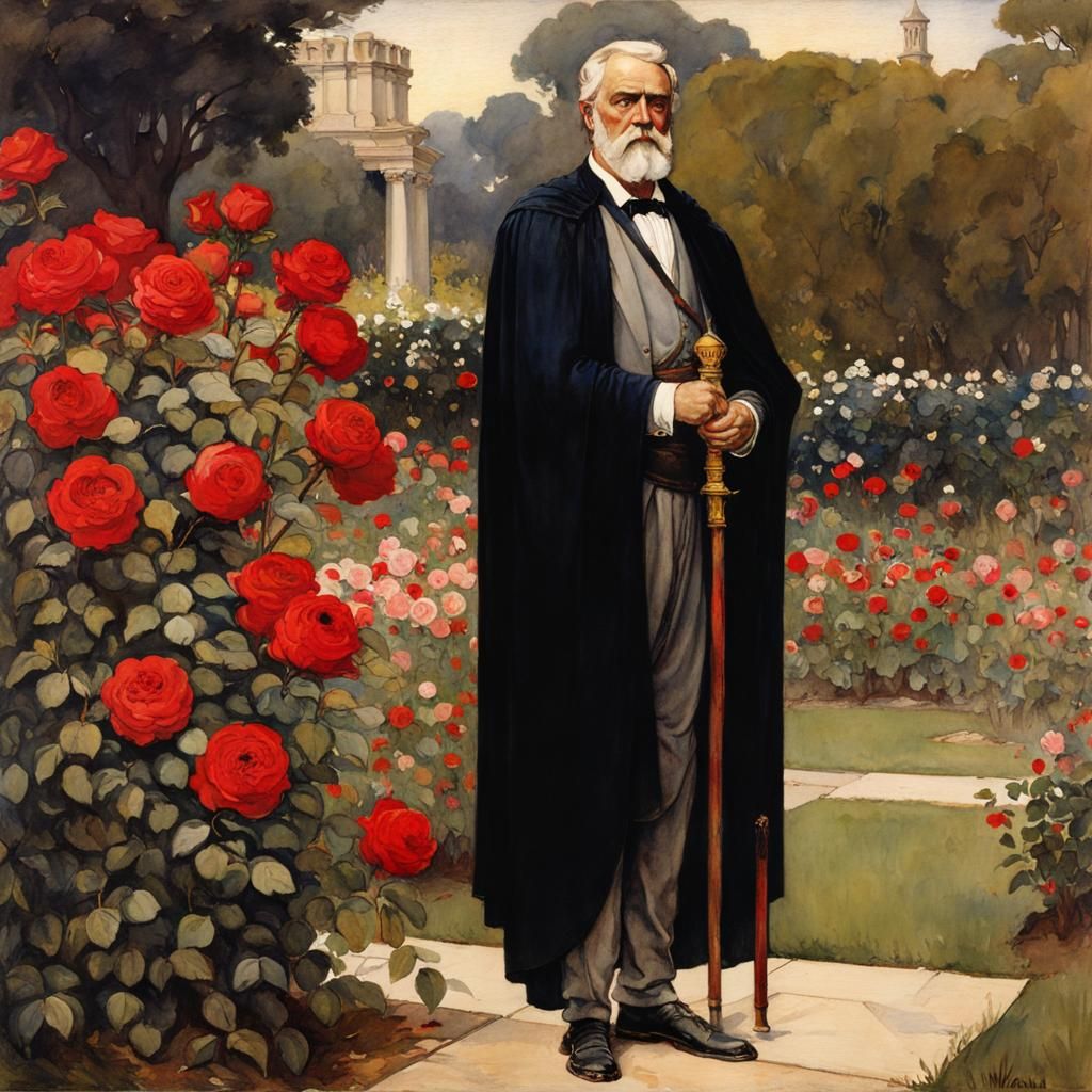 Classical King in Rose Garden Watercolor Portrait