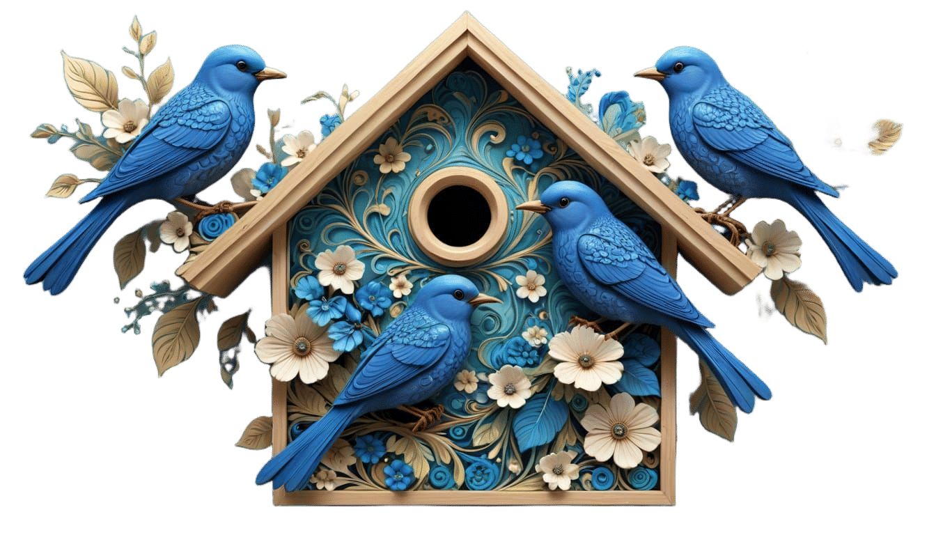 Fantasy ornate bird box with flowers  and blue birds