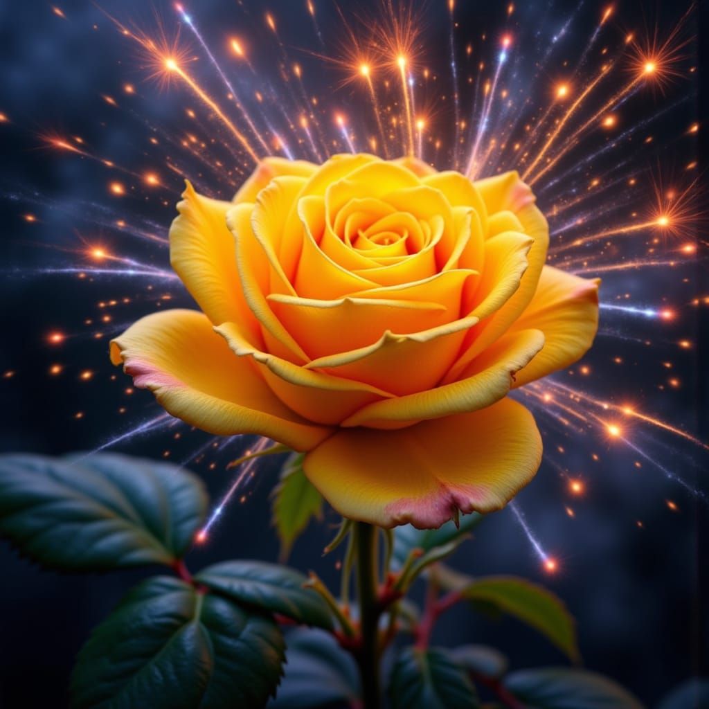 Yellow Rose with Fireworks in Hyperrealistic Style