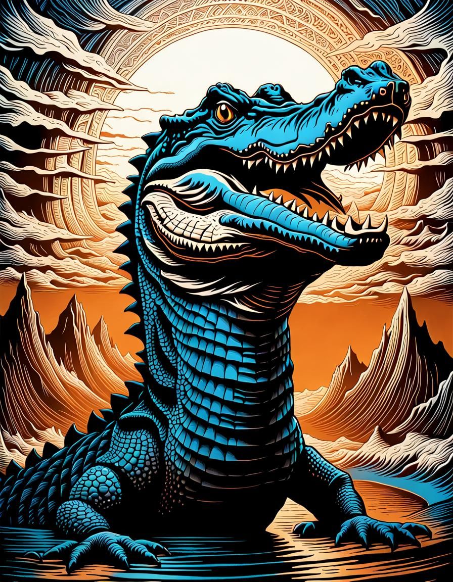 Disturbing Crocodile Woodcut Print in Dark Fantasy Style
