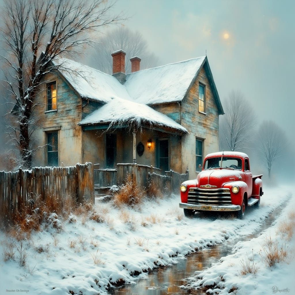 Snowfall on Abandoned Farmhouse with Old Red Truck