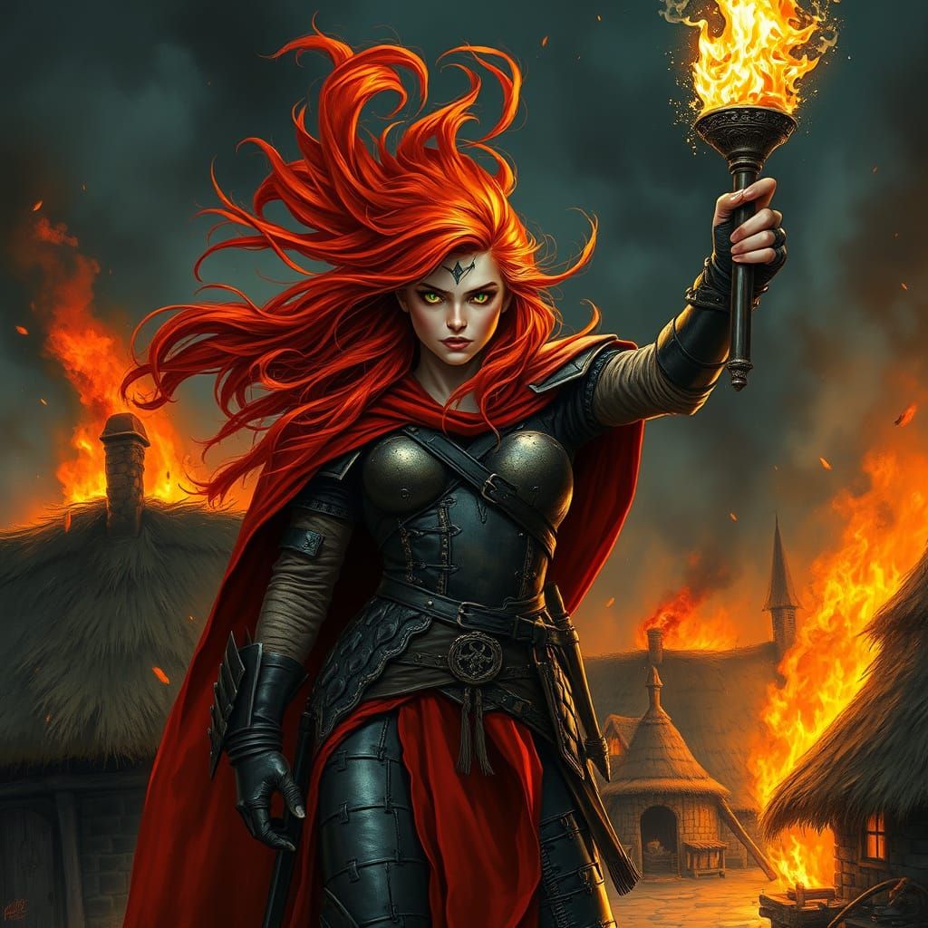 Lady of the Flame: Fiery Warrior in Tattered Armor