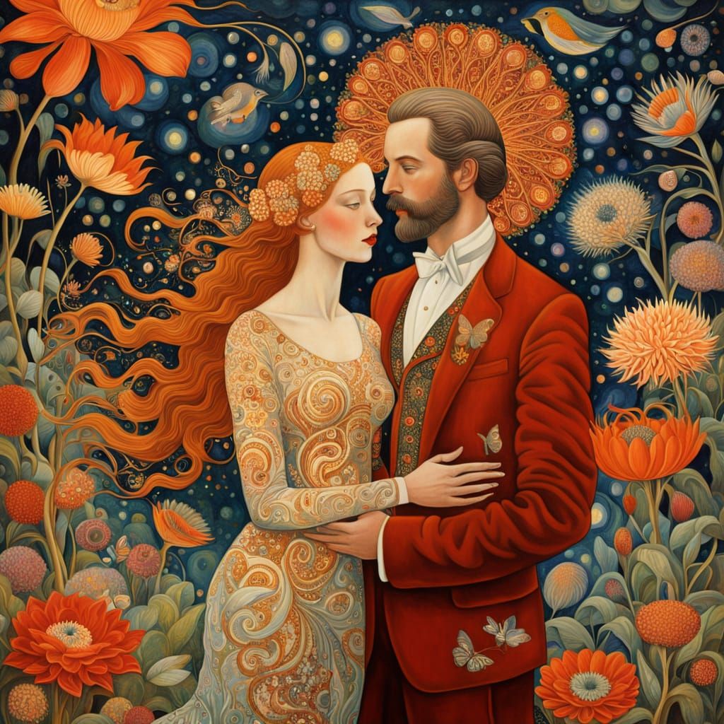 Ethereal Woman in Opal Attire Unfolds from Shadows, Klimt-In...