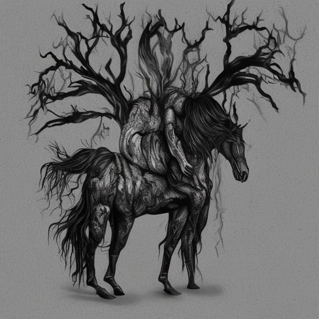 Melancholic Demon in Desert with Skeleton Horse