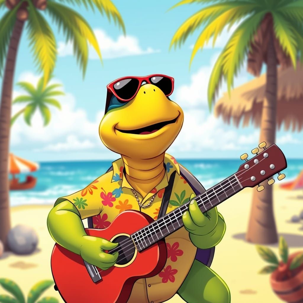 Singing Turtle in 1950s Cartoon Beach Scene
