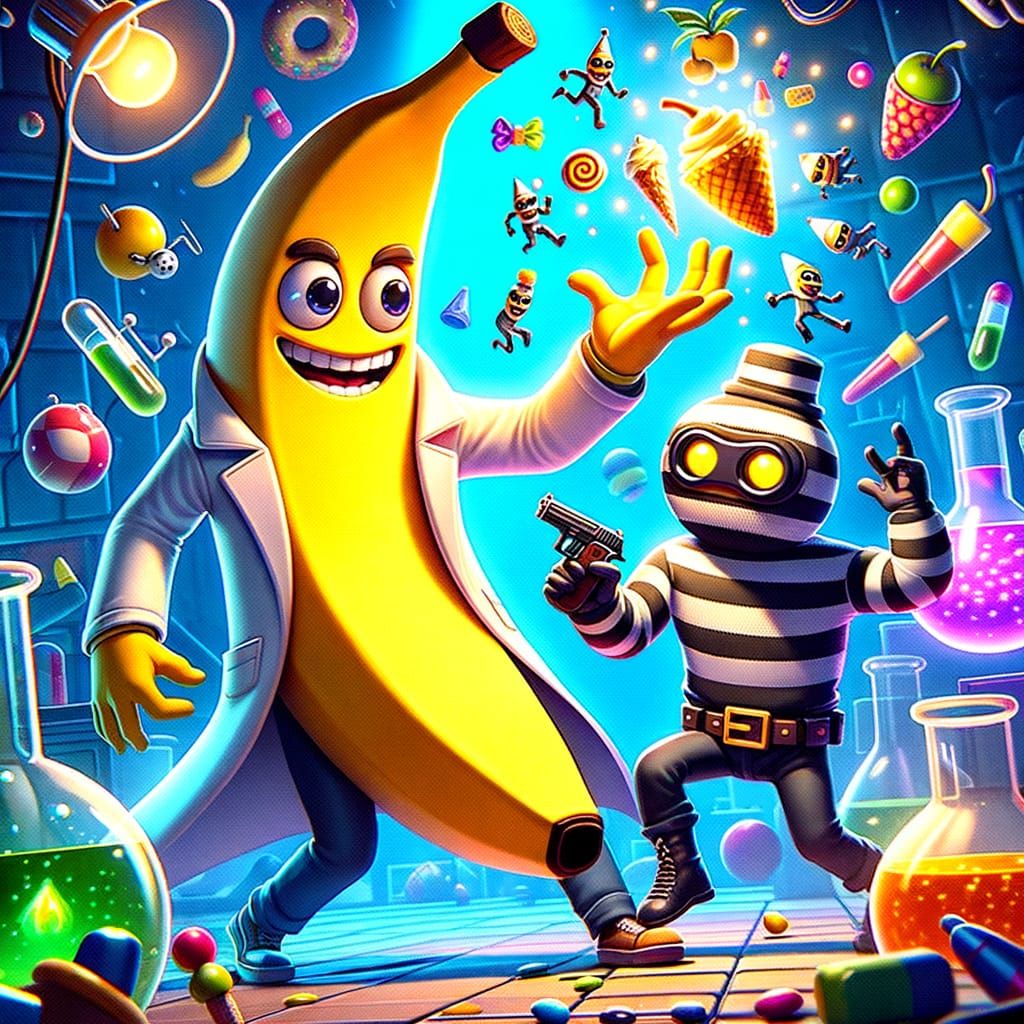 Banana Adam Tosses Toy Humans at Cartoon Robot