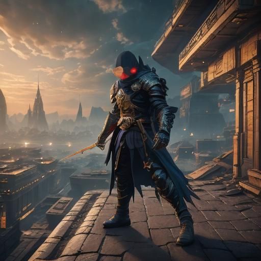 Cyberpunk Assassin on Rooftop in Neon Noir