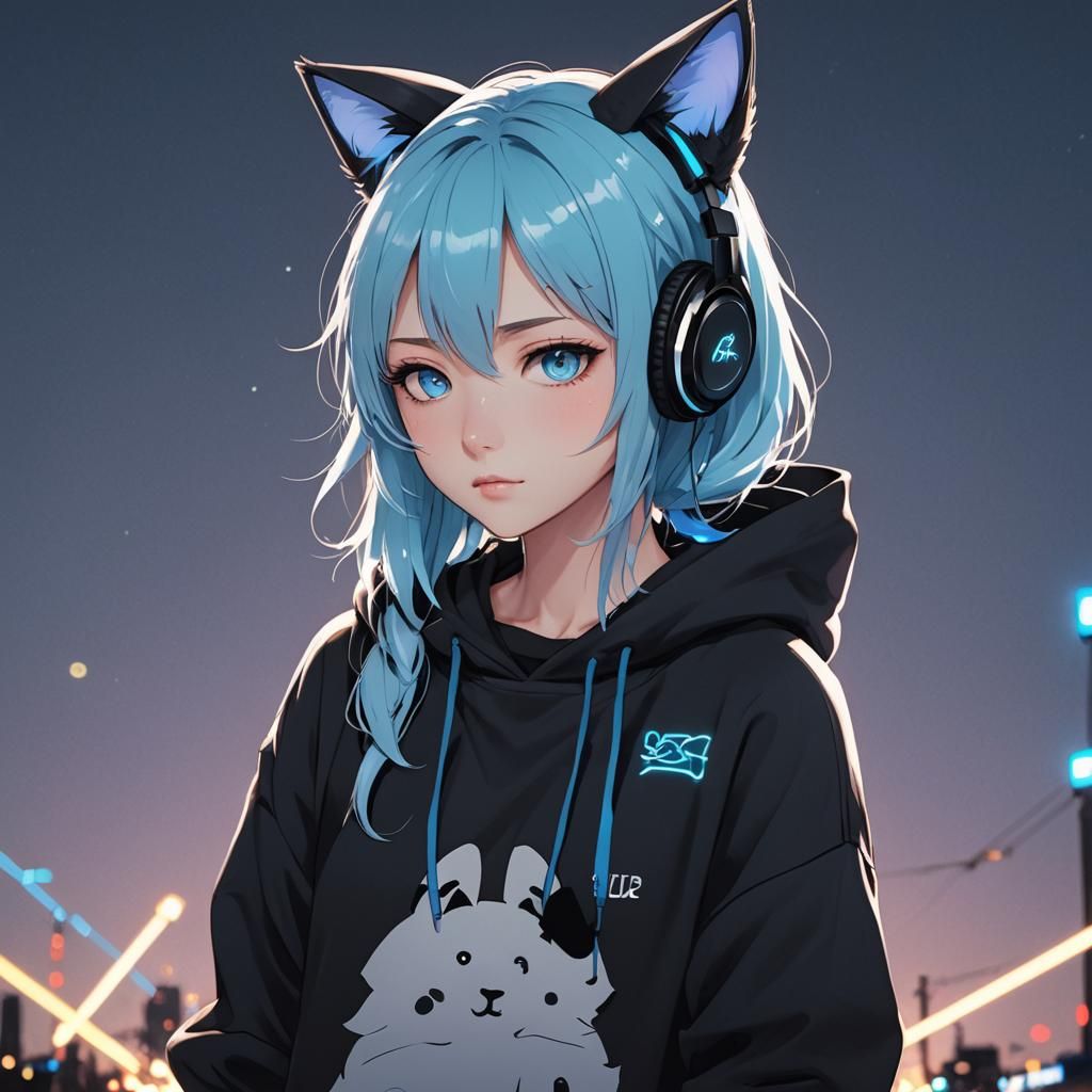 Cute Anime Catgirl with Neon Lights