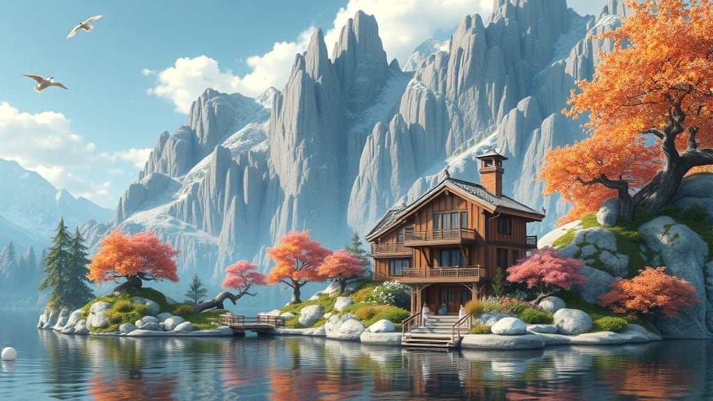 Surreal Mountain Oasis with Serene Lake Garden