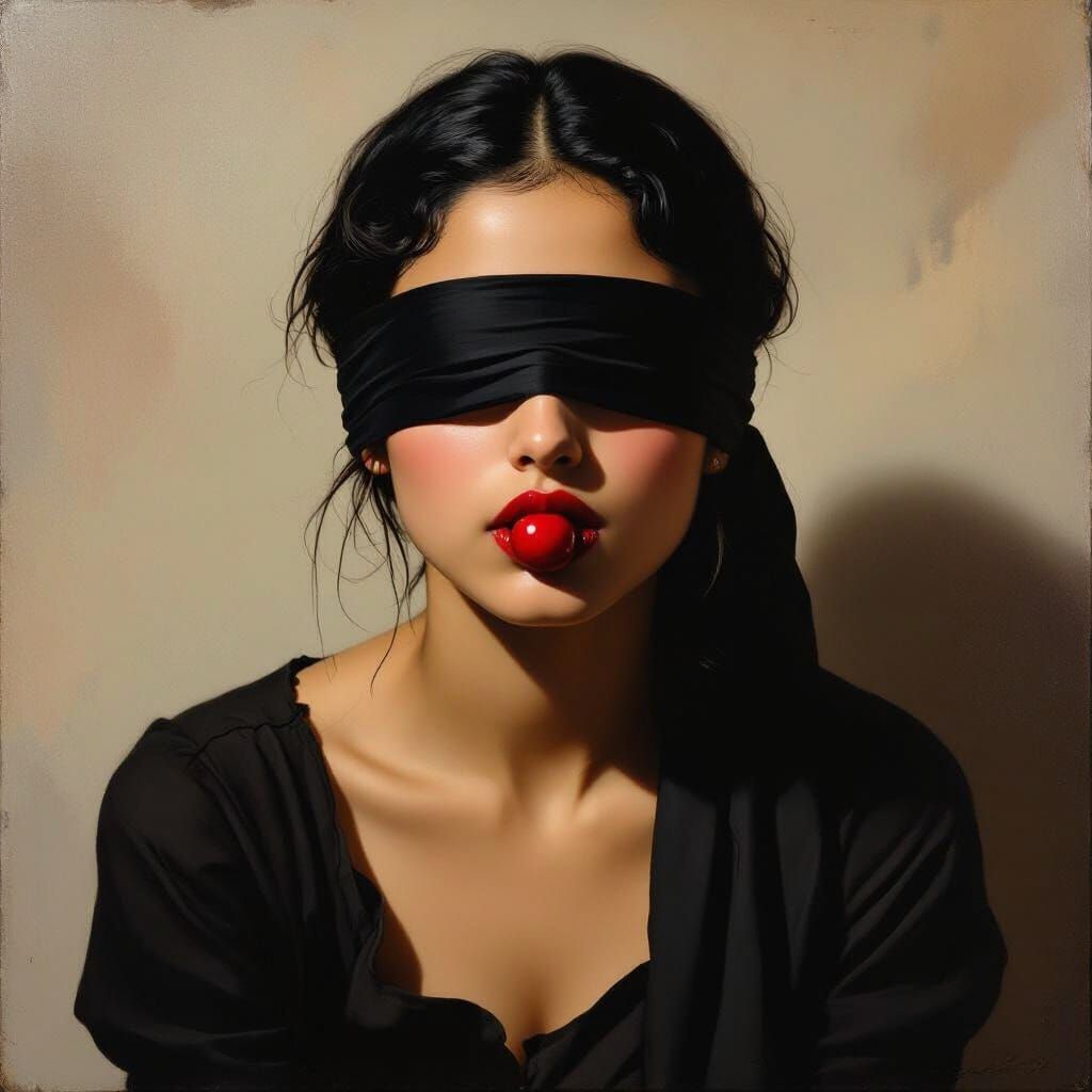 Chiaroscuro Portrait: Woman with Cherry Blindfold