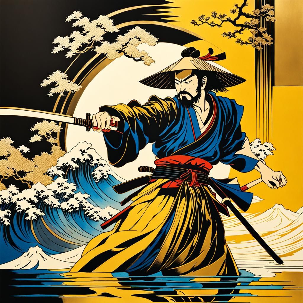 Samurai in Water Mirror: Golden Outlines, Ukiyo-e Style