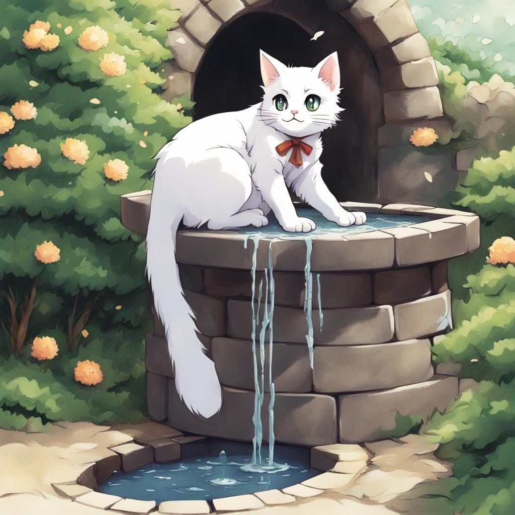 Anime Cat Climbing from Wishing Well