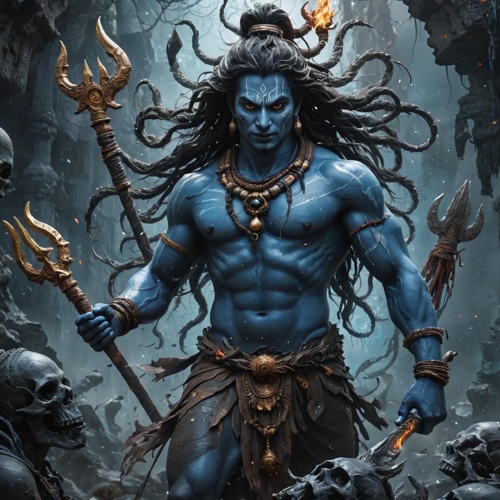 Dark Cosmic Lord Shiva in Mahakaal Avatar, Fury-Contorted Fa...