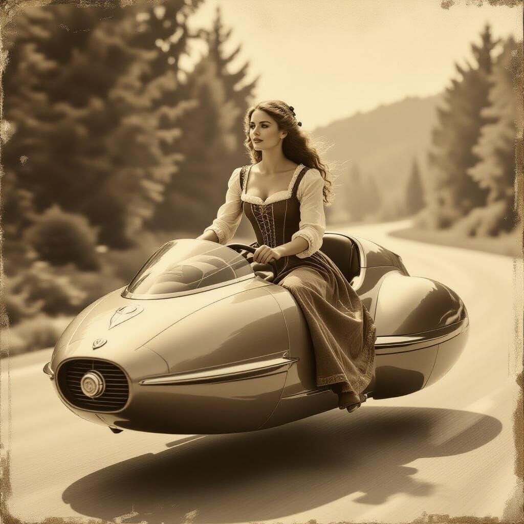 Medieval Woman Rides Futuristic Car in Sepia Tone
