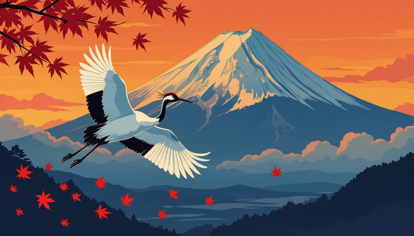 Red-Crowned Crane Flies Over Mt. Fuji in Ukiyo-e Style