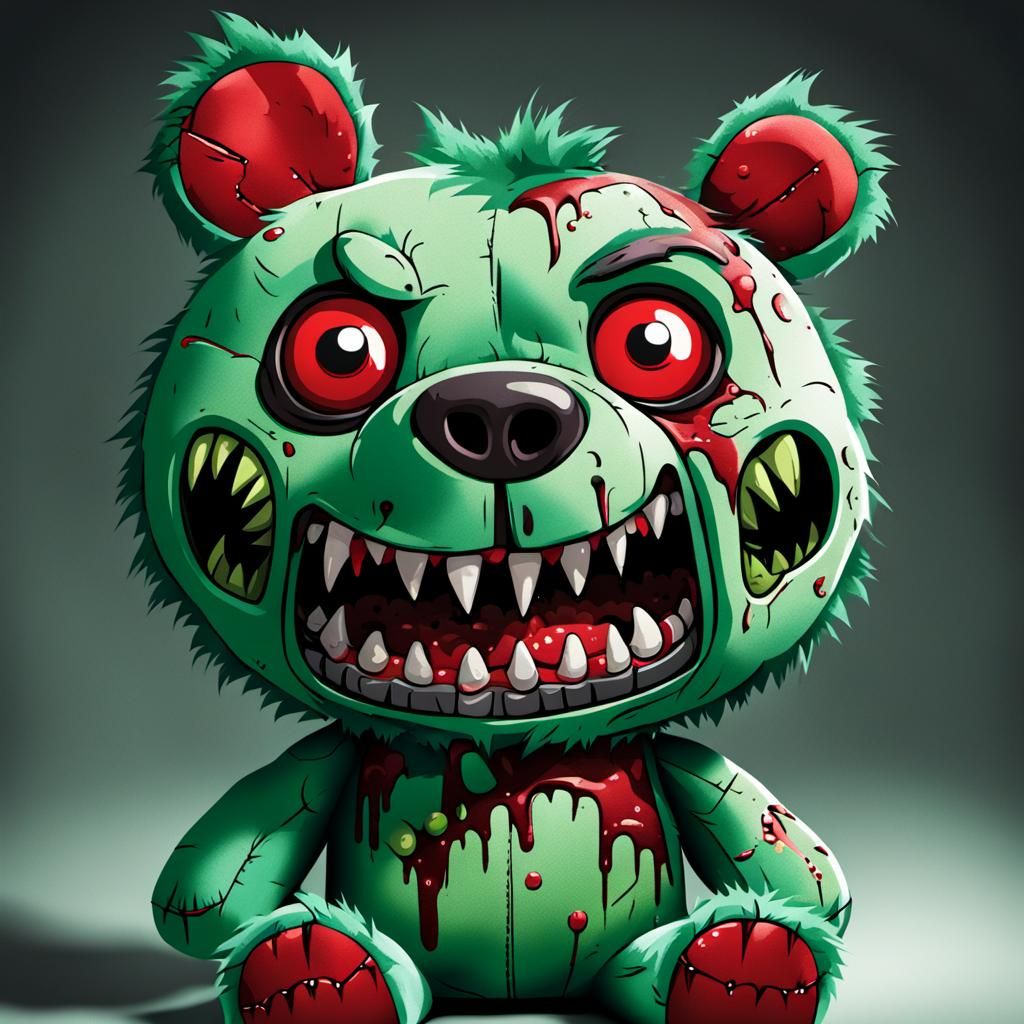 Cartoon Zombie Teddy Bear with Sharp Teeth