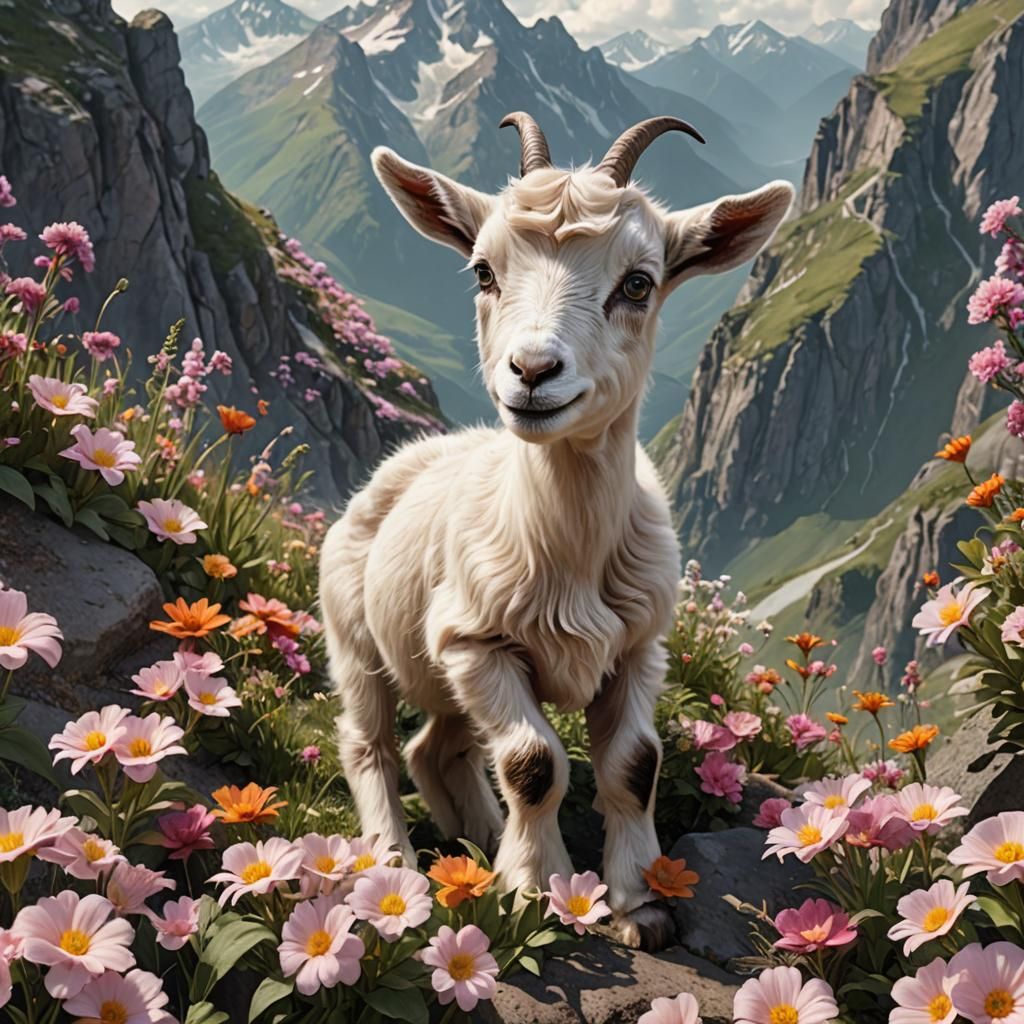 Adorable Baby Goat in Mountain Flower Meadow