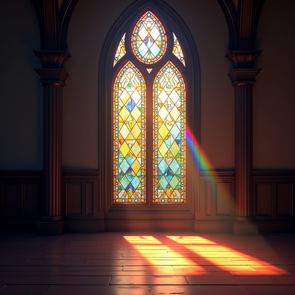Stained Glass Window with Rainbow Reflection in Digital Art