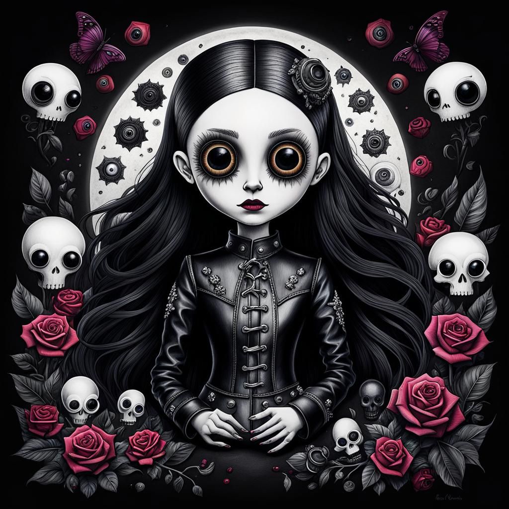 Surreal Crayon Drawing of Goth Woman with Skulls