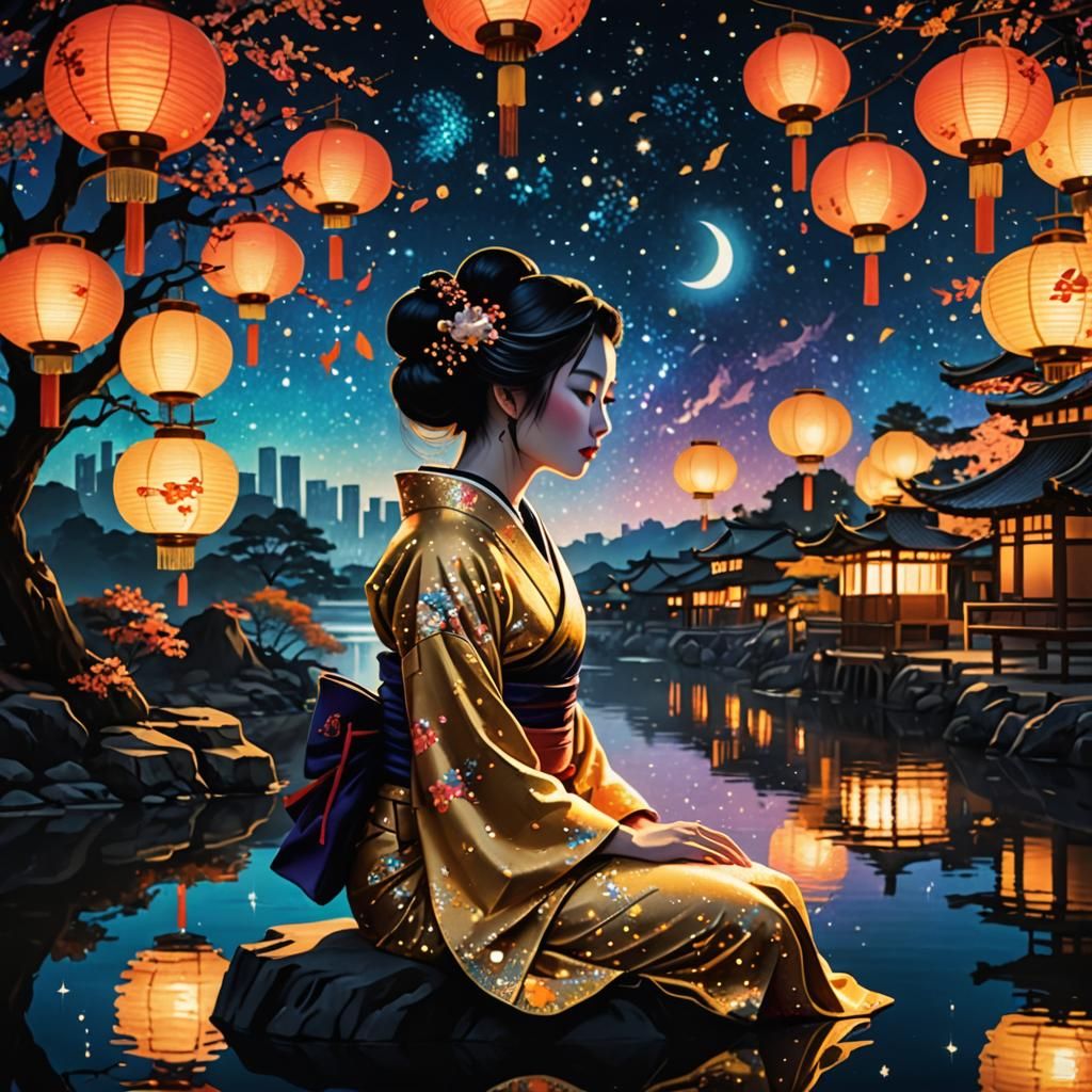 Geisha at Lantern Festival: Silhouette Art