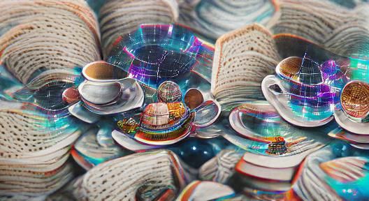 Cosmic Books and Teacups Holographic Illustration