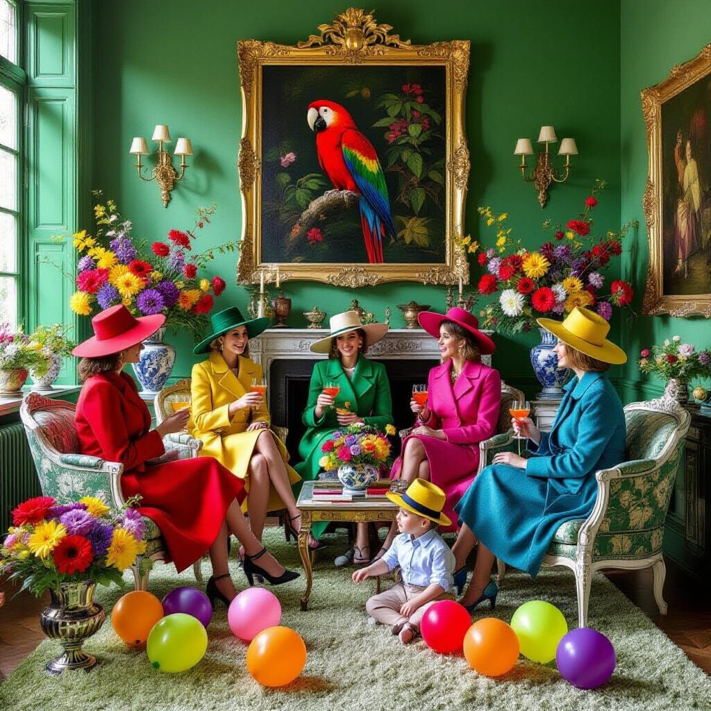 Opulent Baroque Living Room with Parrot Art