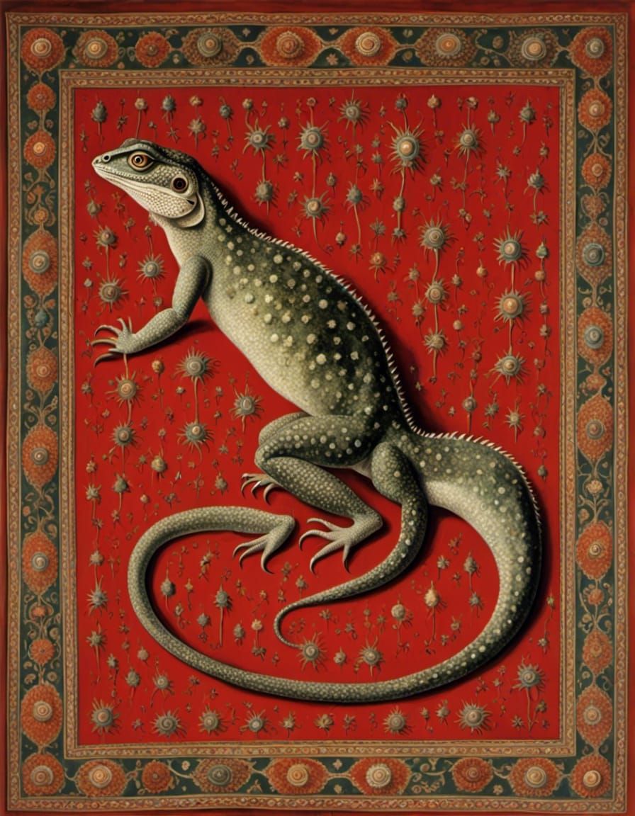 lizard on a red persian rug