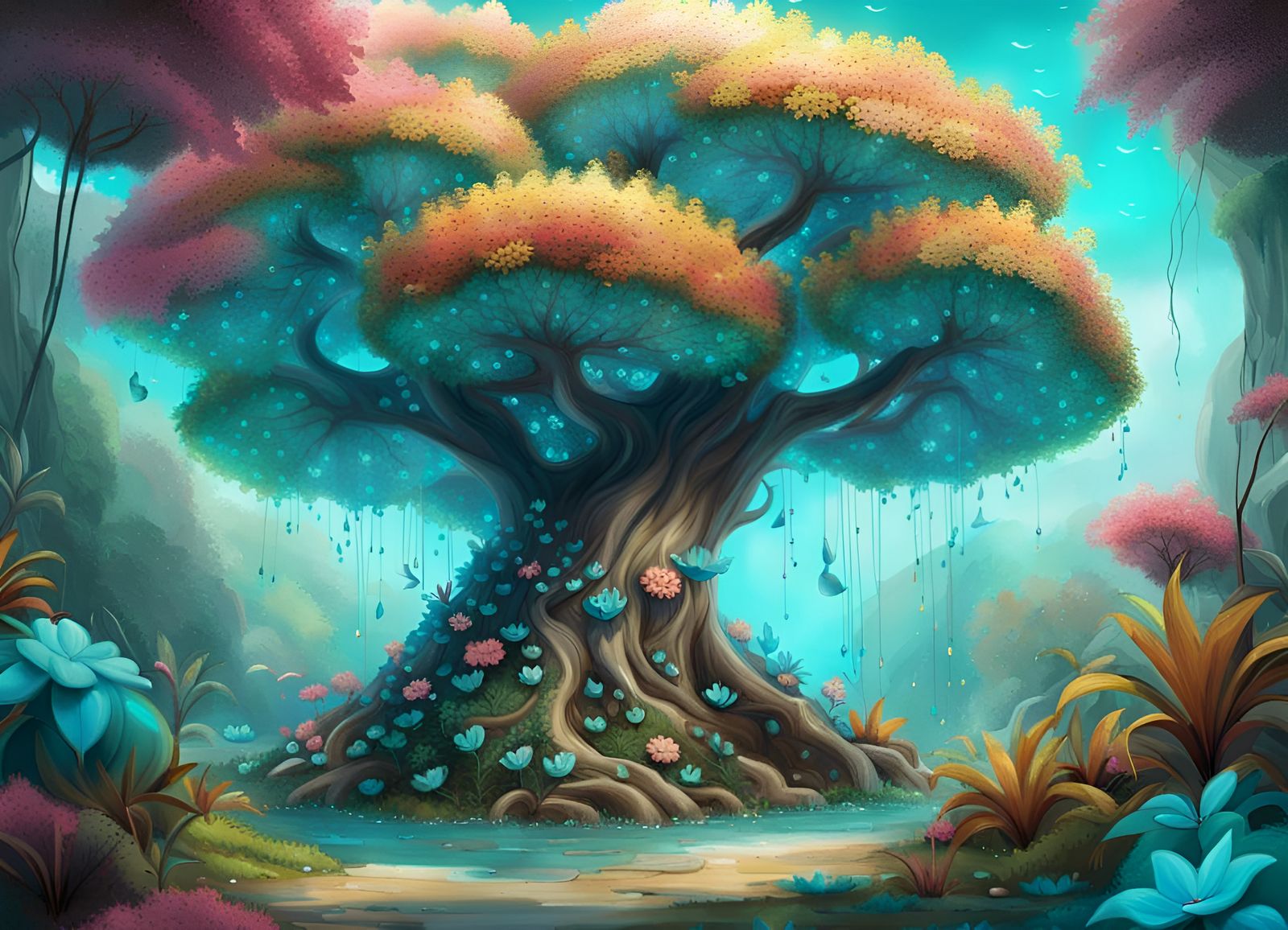 A magical garden and a big tree