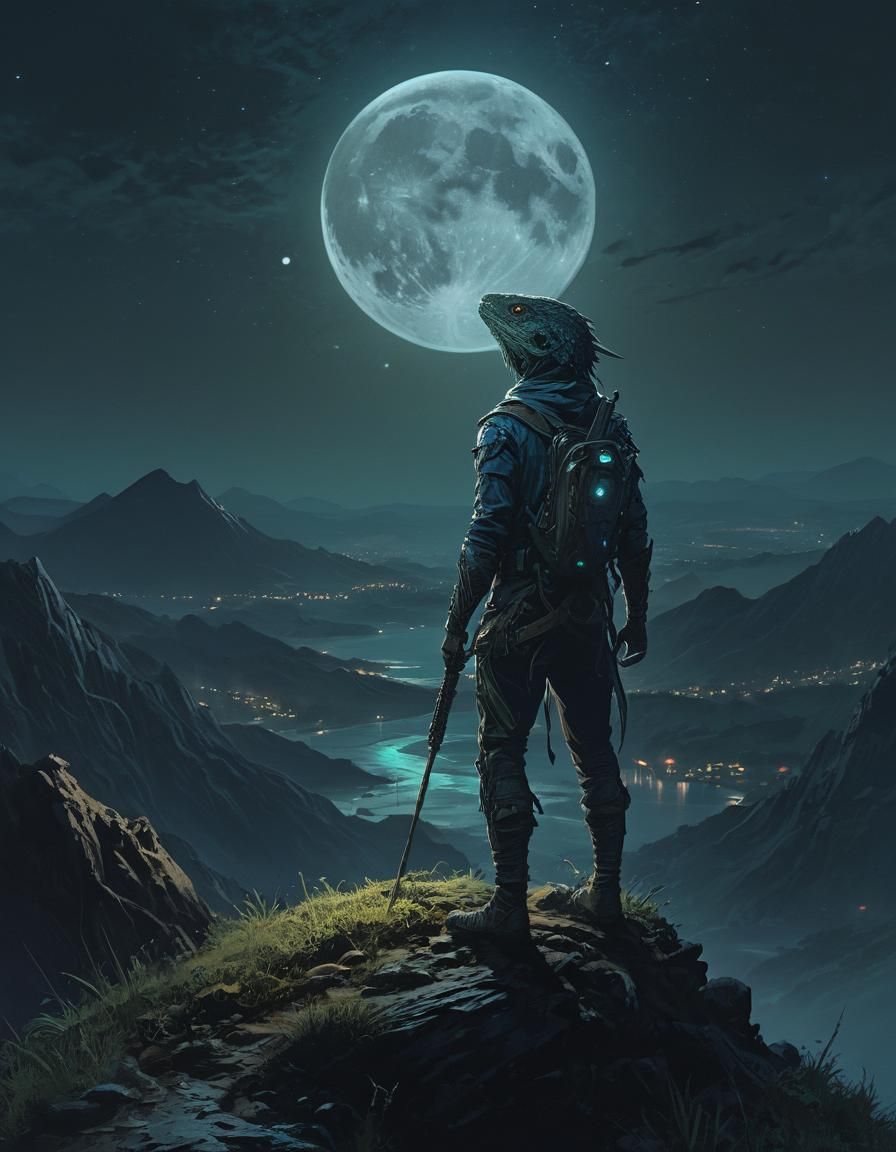 Lizard Adventurer Poster Facing Bioluminescent Moon