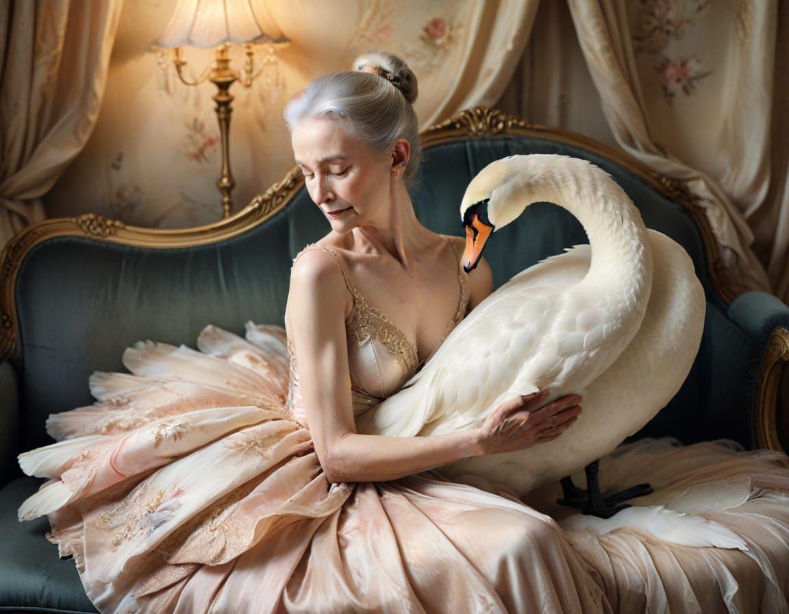 Ballerina and Swan in Antique Watercolor Style