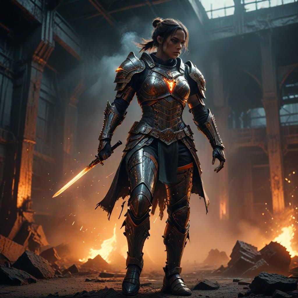 Victorious Warrior in Gritty, High-Contrast Armor