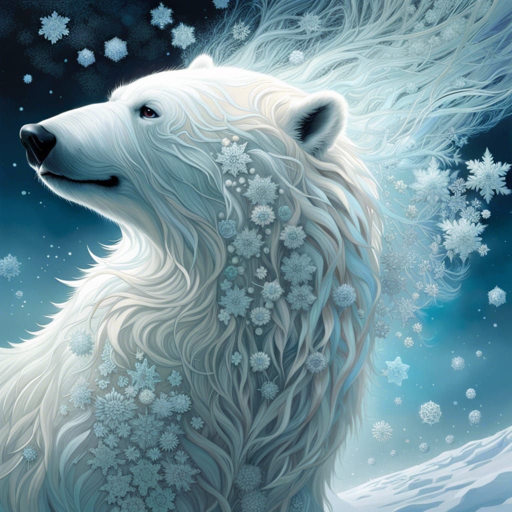 Icy Polar Bear Spirit in Fractal Suminagashi Art