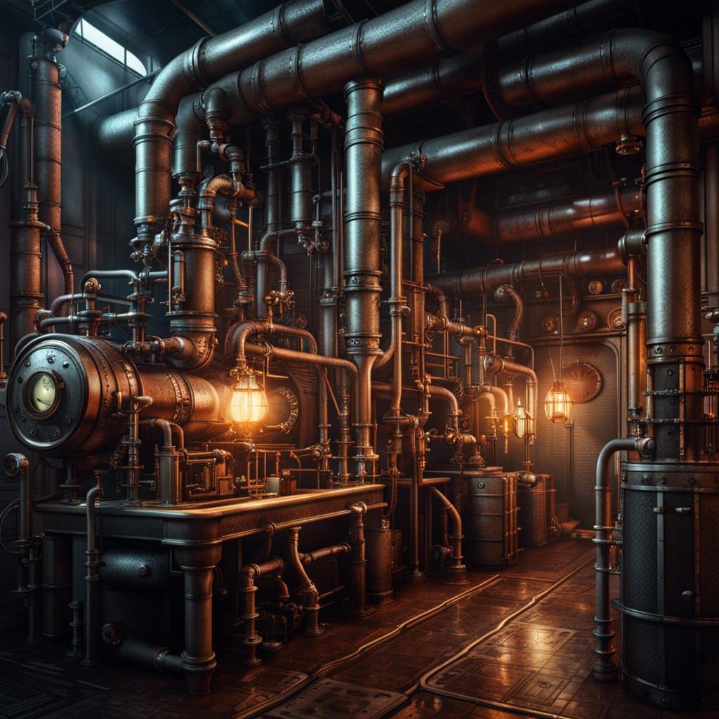Steampunk Lab with Infinite Pipes in Hyperrealism