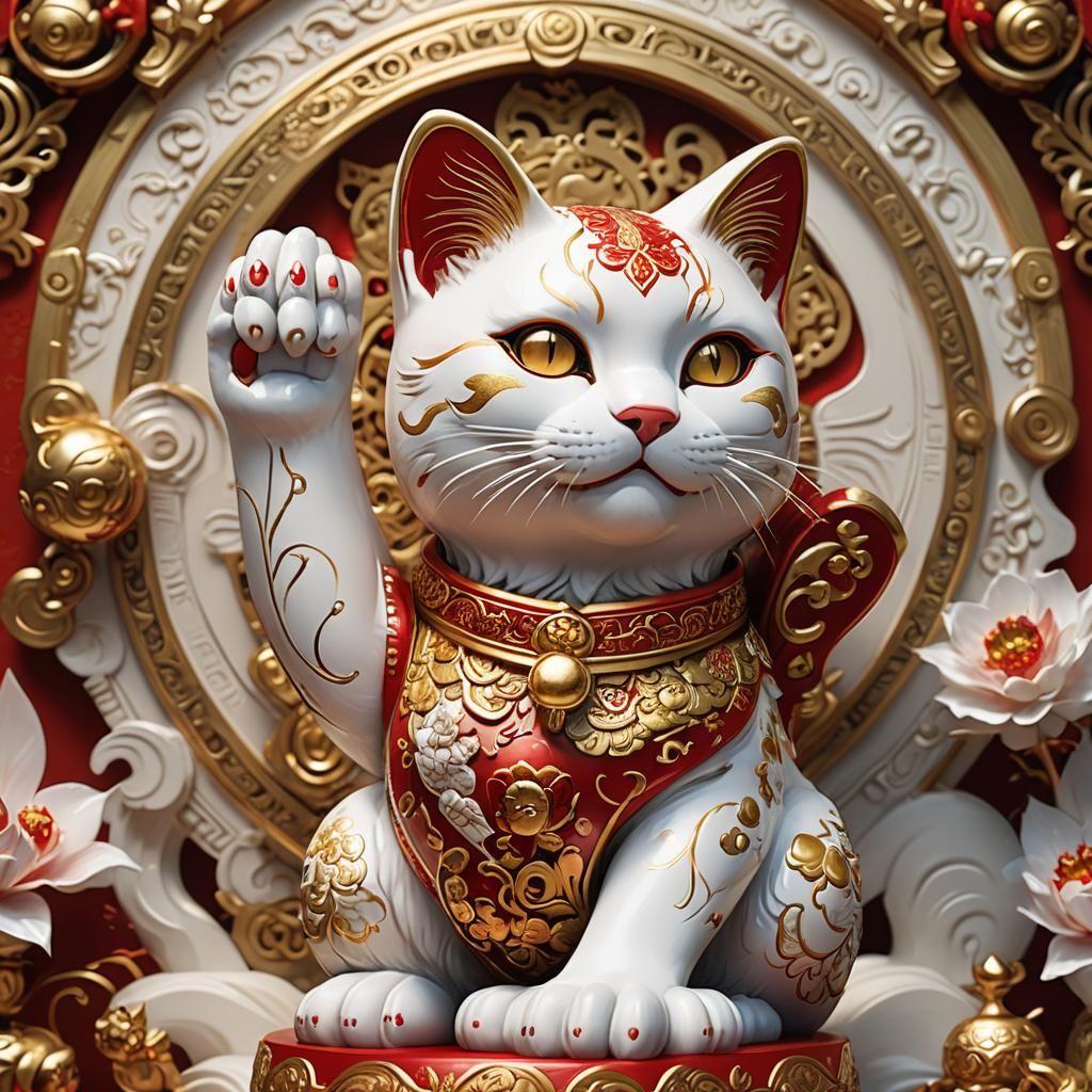 beautiful Maneki Neko Lucky Cat with red and gold design on ...