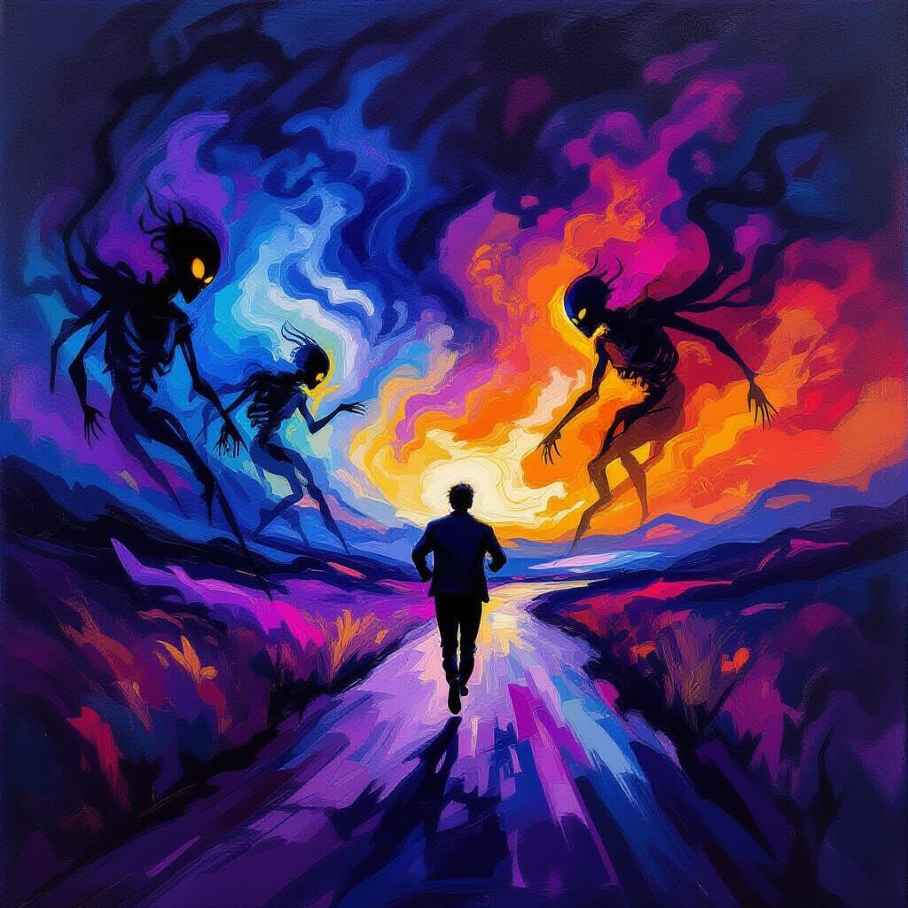 Surreal Figure Flees Abstract Shadows in Vivid Dreamscape