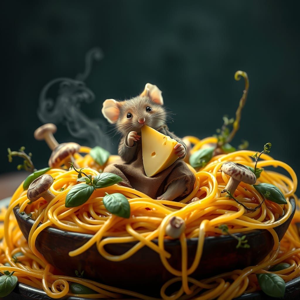 Whimsical Mouse Amidst Pasta Wonderland