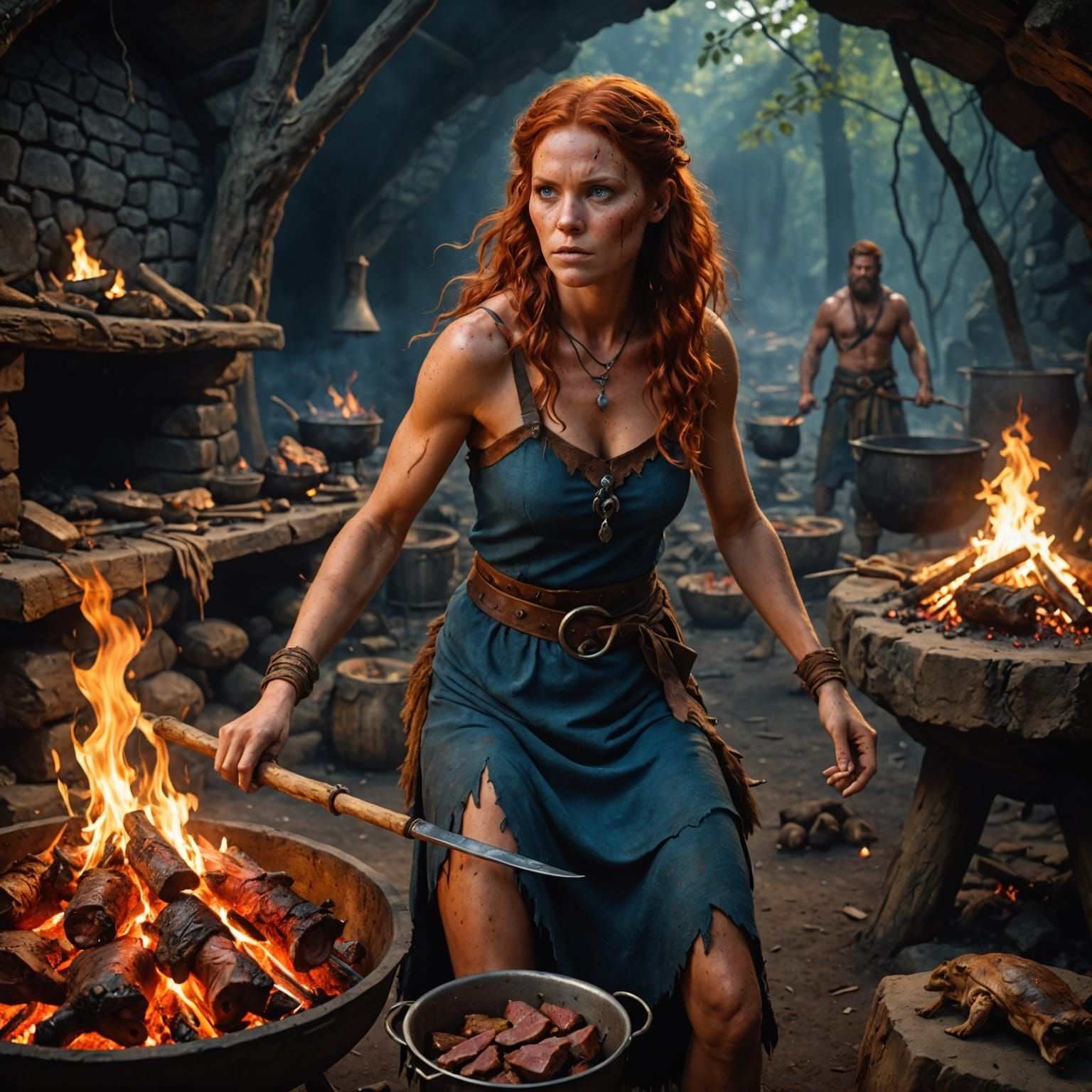 Cave Woman Cooking in a Prehistoric Fantasy Landscape