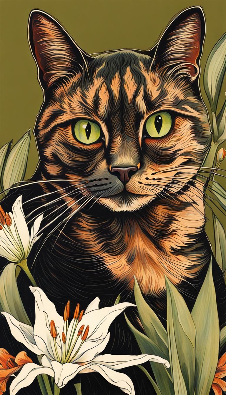 Whimsical Cat and Lilies in Vintage Style