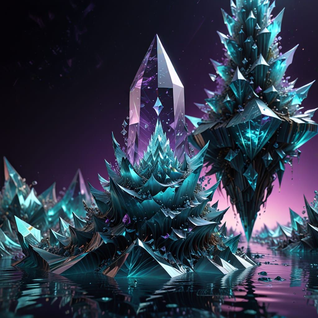 Surreal Crystalline Spire in Chaotic Sea: Fractal Art 3D Ren...